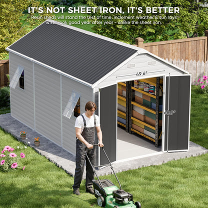 CDCASA 8x14 FT Resin Storage Shed with Floor Included, Steel‑Reinforced Large Waterproof Outside Plastic Storage Sheds with Base, 2 Adjustable Openable Window for Garden Backyard Patio Lawn, Dove Grey