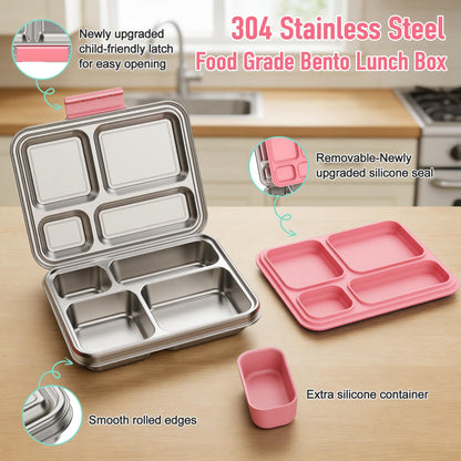 BABHAMNESS Stainless Steel Kids Bento Lunch Box, 4-Compartments with Silicone Container, Dishwasher-Safe, Child-Friendly Design for School and Travel,BPA-Free(Pink)