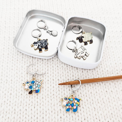 Pretty Warm Designs Sheep Crochet Stitch Markers - Set of 6 Locking Progress Keepers for Amigurumi, Knitting & Fiber Arts - Handmade Yarn Charms in Storage Tin