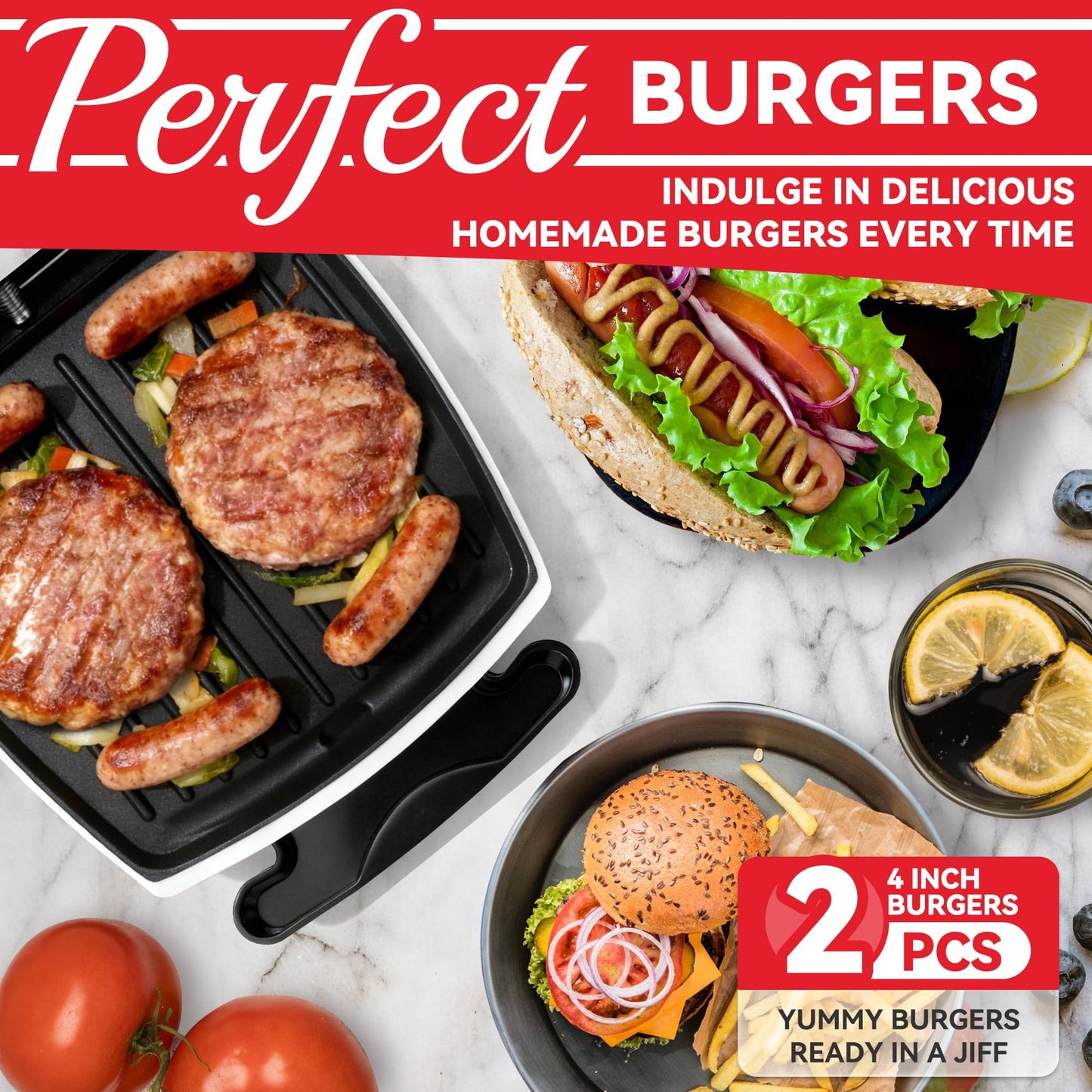 SugarWhisk 2 In 1 Hamburger Grill Maker, Electric Indoor Grill and Panini Press with Non-stick Grill Plates, 1200W, Easy to Clean and Store, White