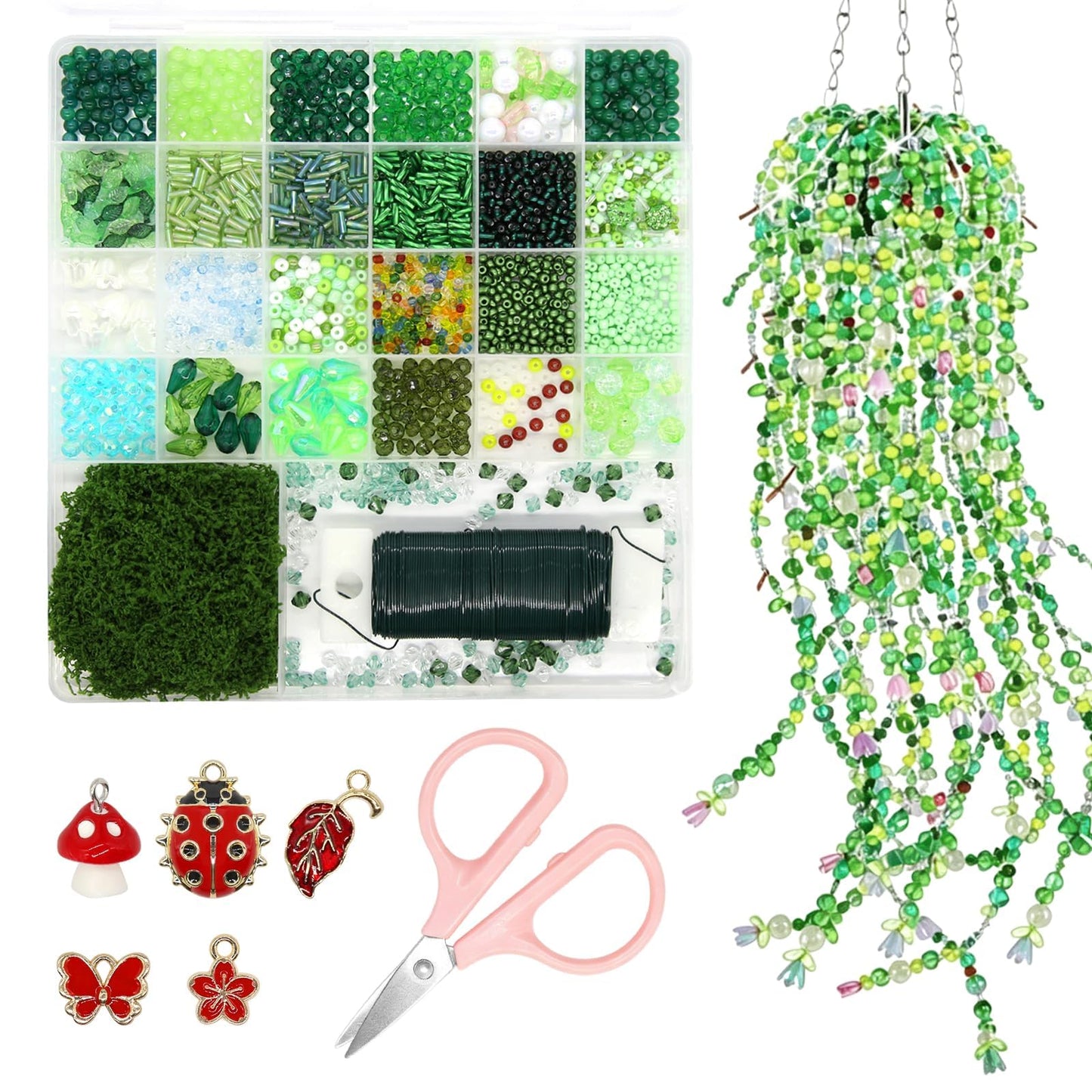 CYUXING 2746Pcs Beaded Plant Kit, Green Glass Beads for DIY Succulent Plants, Craft Beads Set with Ladybug Charm Floral Wire for Home Decor Jewelry Making, Artificial Greenery Supplies