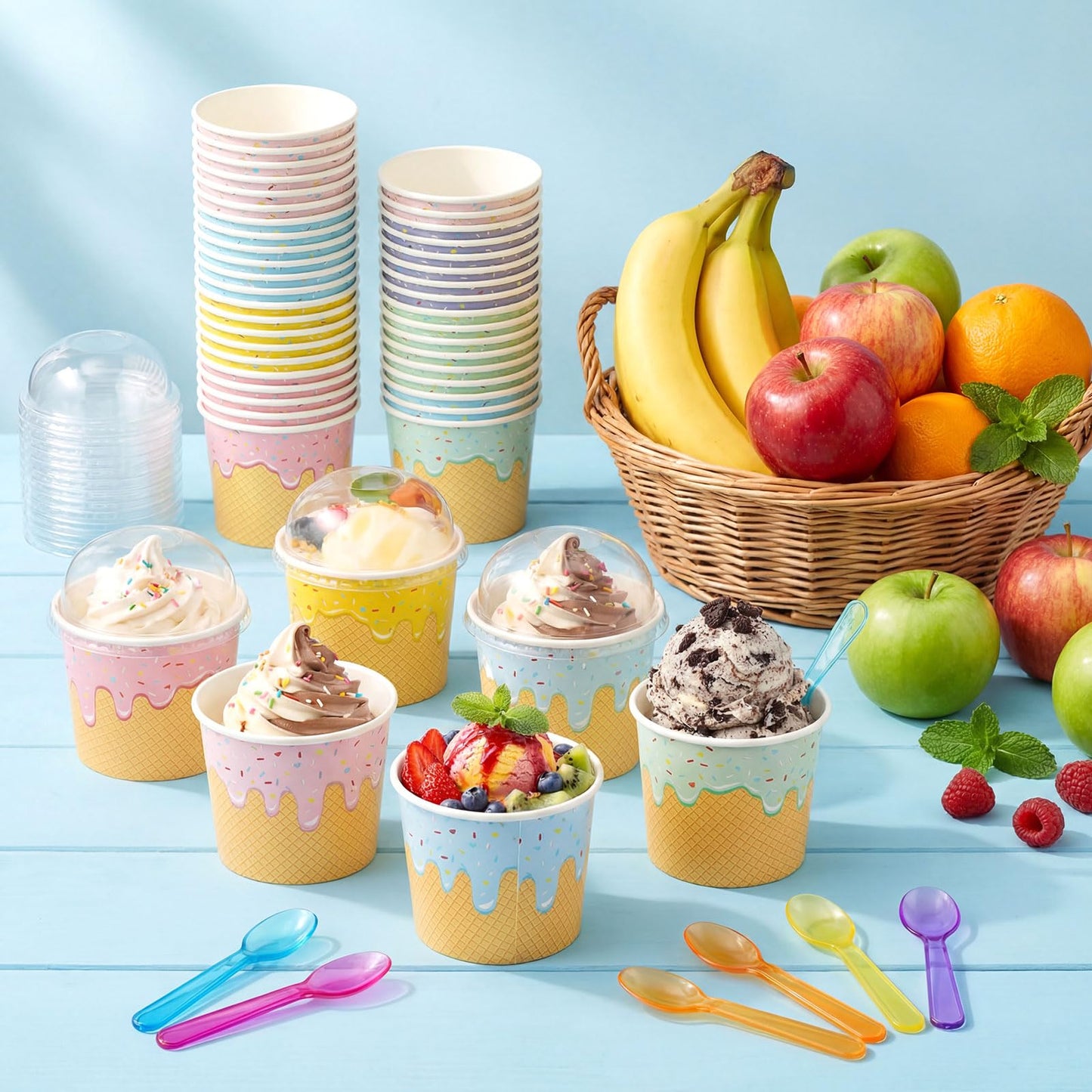 Jingmore 240 Set 4oz Ice Cream Paper Cups with Lids and Spoons, Disposable Sundae Bowls, Dessert Cups for Birthday Party Supplies, Paper Ice Cream Bowls Bulk for Yogurt, Snacks