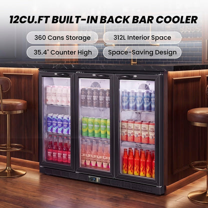 53.15" W Commercial Under Counter Beverage Refrigerator, 3 Glass Door Back Bar Cooler, Built-in/Freestanding 12Cuft Drink Fridge with LED Light, Auto Defrost, Low-E Glass & Safety Lock, Rebound door
