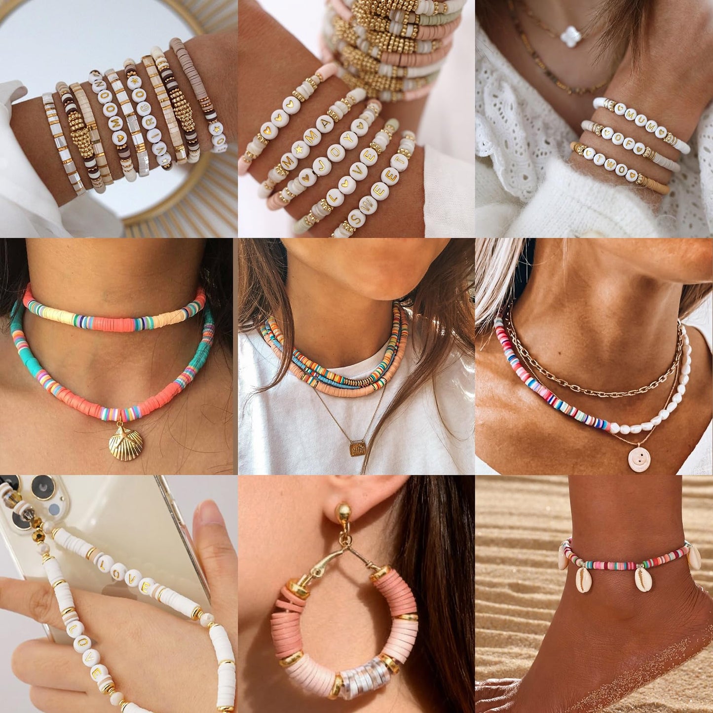 Sunlode Clay Beads Bracelet Making Kit, 3 Boxes 15,000PCS Boho Color with Letter Beads, Charms and Elastic Strings, DIY Jewelry Set for Friendship Bracelets Crafts Gift