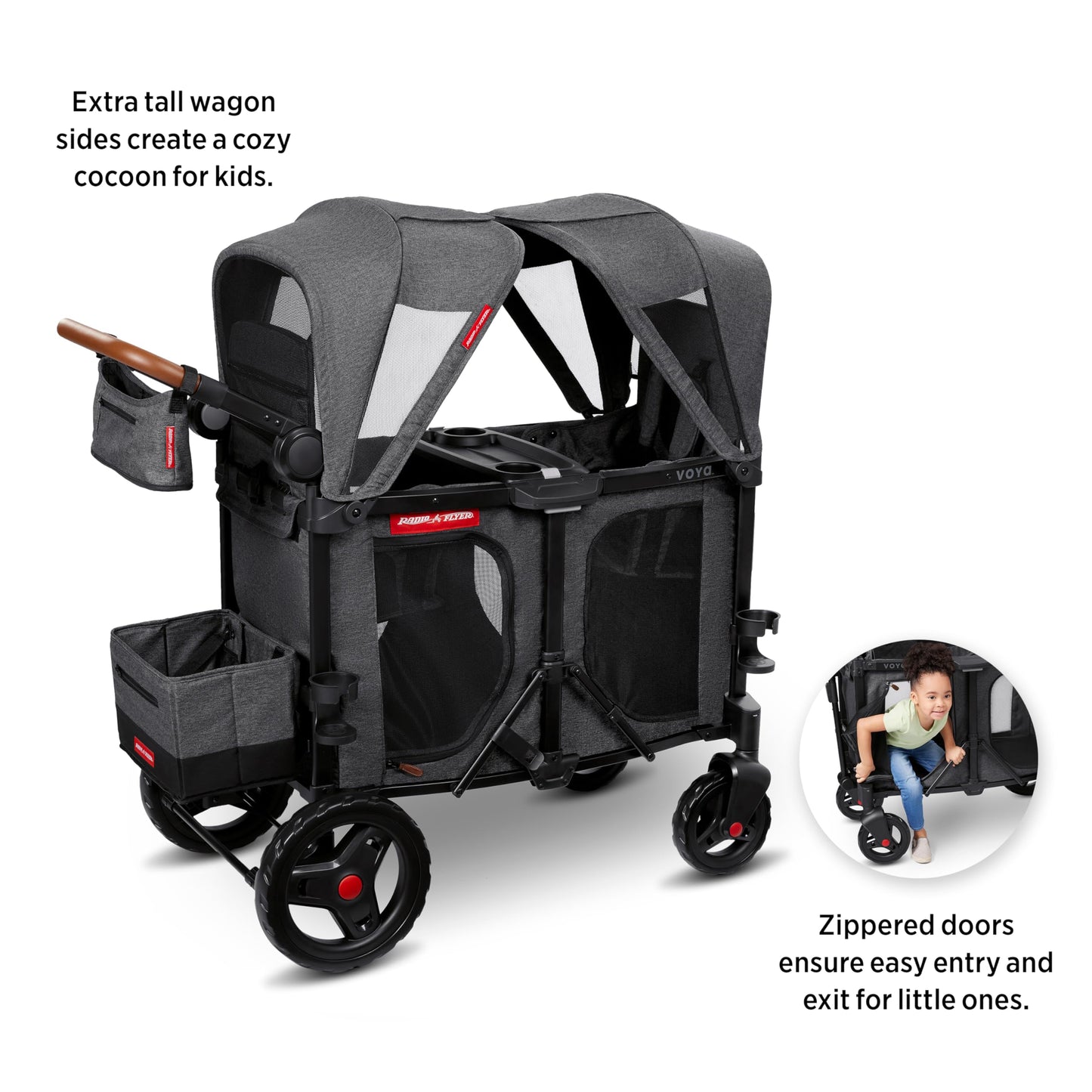 Radio Flyer Voya Stroller Wagon, for Ages 6+ Months, Extra Tall Sides, Push or Pull, 2 Seats, Dual Sun Canopies, Compact Fold, Lightweight, Storage Space, 5-Point Harnesses, Stroller Wagon for Kids