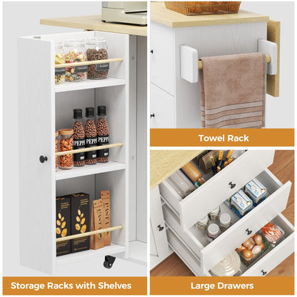 IRONCK Kitchen Island with Storage, 47.2in Rolling Island on Wheels, Kitchen Cart with Drop Leaf, 3 Spacious Drawers, Storage Cabinets and Towel Rack for Home, Dining Room