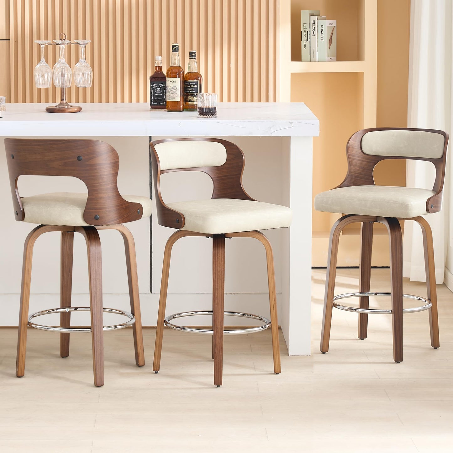 ClinQ Counter Height Bar Stools 26" Barstools with Bentwood Legs and Back, Faux Leather 360° Swivel Counter Stools, Mid Century Accent Bar Stools Set of 4 for Kitchen, Restaurant, Grey