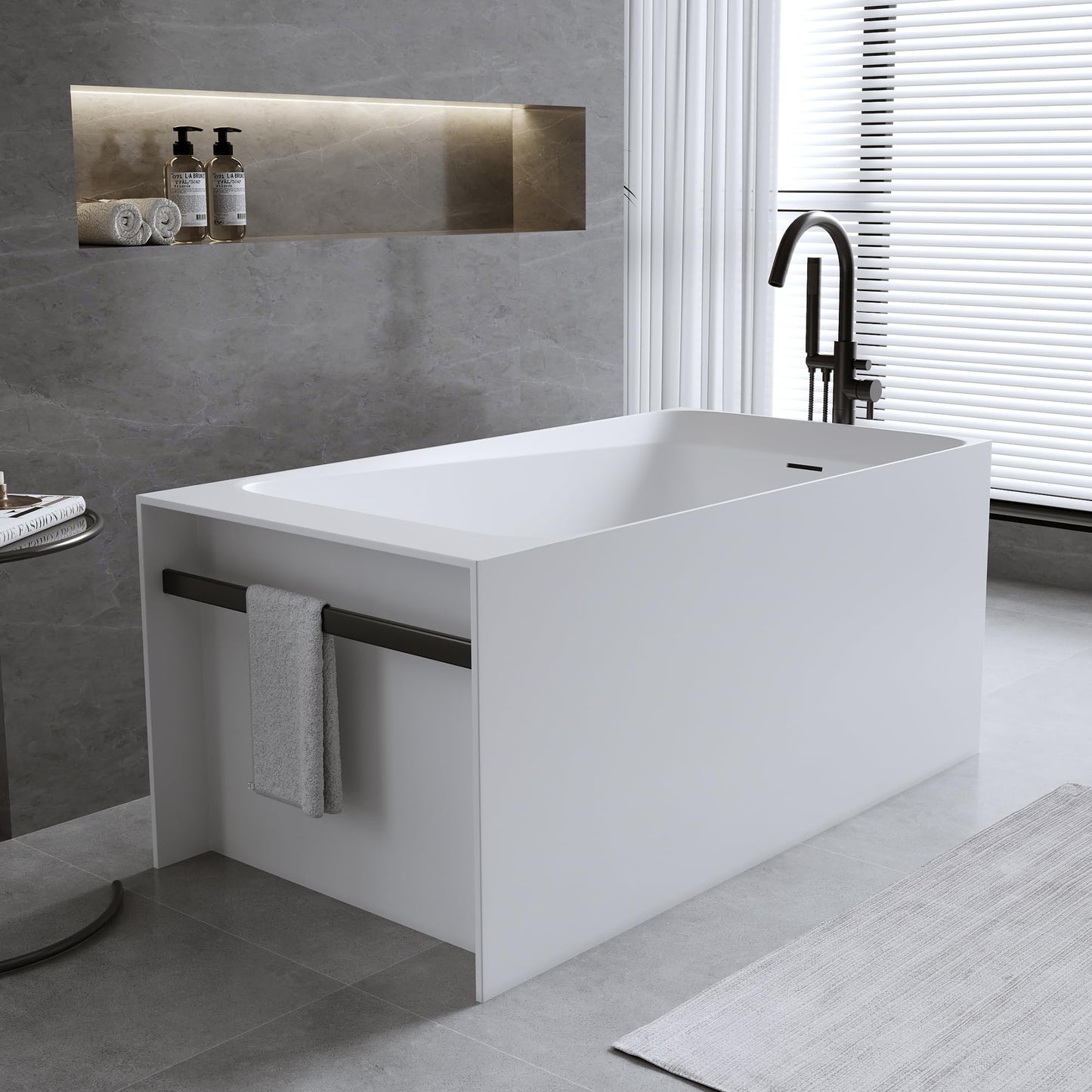 GDFStudio 51" Solid Surface Freestanding Bathtub, Matte White Resin Stone Soaking Tub with Overflow and Pop-Up Drain, Anti-Slip Stand Alone Deep Soaker Tub for Modern Bathroom Spa Relaxation