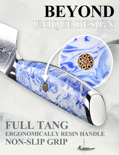 SHANGDAO Damascus Kitchen Knife Set with Magnetic Knife Block, 5 PCS Razor Sharp Kitchen Knives Made of Japanese Damascus Steelwith Block, Full Tang Ergonomic Resin Handle Chef Knife With Gift Box