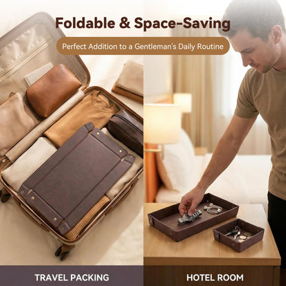 3Pack Mens Valet Tray, Foldable PU Leather Catch All Organizer for Desk, Entryway, Holds Keys, Wallet, Watch, Jewelry, Phone (Brown)