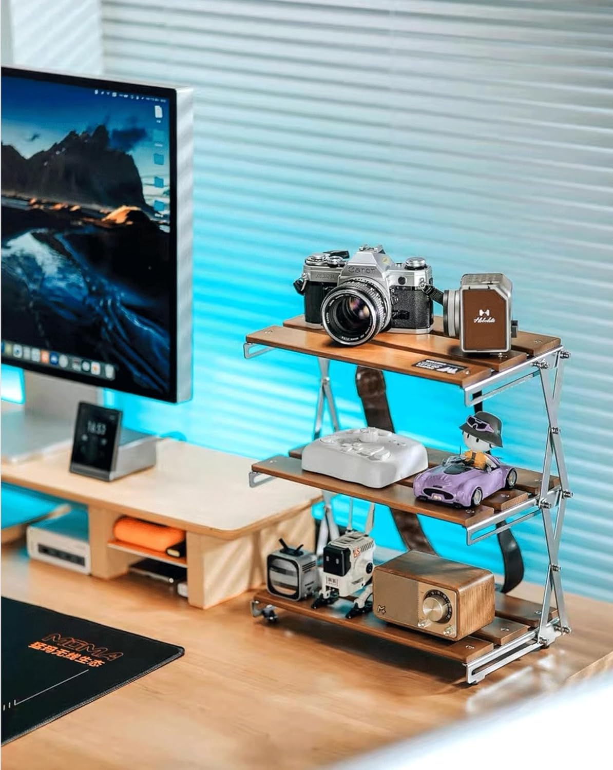 WONQEXZ Desktop Storage Rack, Camping Storage Rack, Portable Folding Solid Wood Aluminum Alloy Storage Rack (Beech
