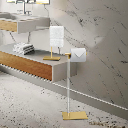 Gatco 1344B, Modern Rectangle Base Freestanding Countertop Towel Holder, Brushed Brass/Acrylic / 10.50" W x 11.13" H T-Shape Style Countertop Hand Towel Holder for Bathroom, Kitchen Towel Rack