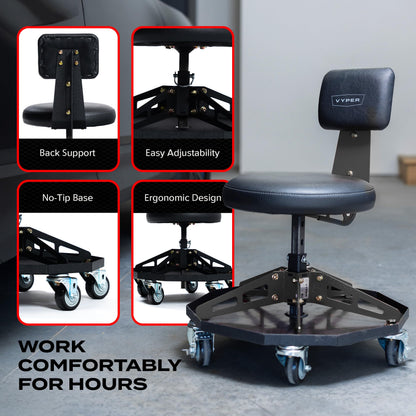 Vyper Robust Steel Sport Shop Chair for Mechanics, Automotive, DIY - 300 lb Capacity Garage Stool with Backrest & Large Wheels (Black Seat, Black Frame)