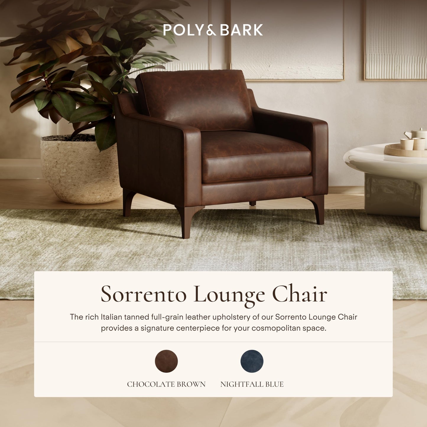 Poly & BARK Sorrento Leather Lounge Chair – Full-Grain Chocolate Brown Leather Upholstery with Feather-Blend Cushions – Modern Upholstered Accent Chair for Bedroom or Living Room – Lounge Seating