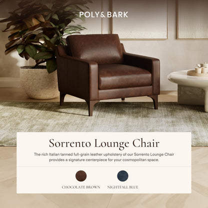 Poly & BARK Sorrento Leather Lounge Chair – Full-Grain Chocolate Brown Leather Upholstery with Feather-Blend Cushions – Modern Upholstered Accent Chair for Bedroom or Living Room – Lounge Seating