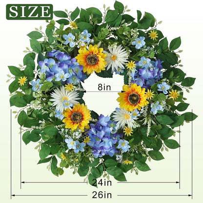 Large 26" Artificial Flower Wreath by [Brand Name] - Lifelike Sunflowers & Blue Hydrangeas for Spring/Summer Home Decor