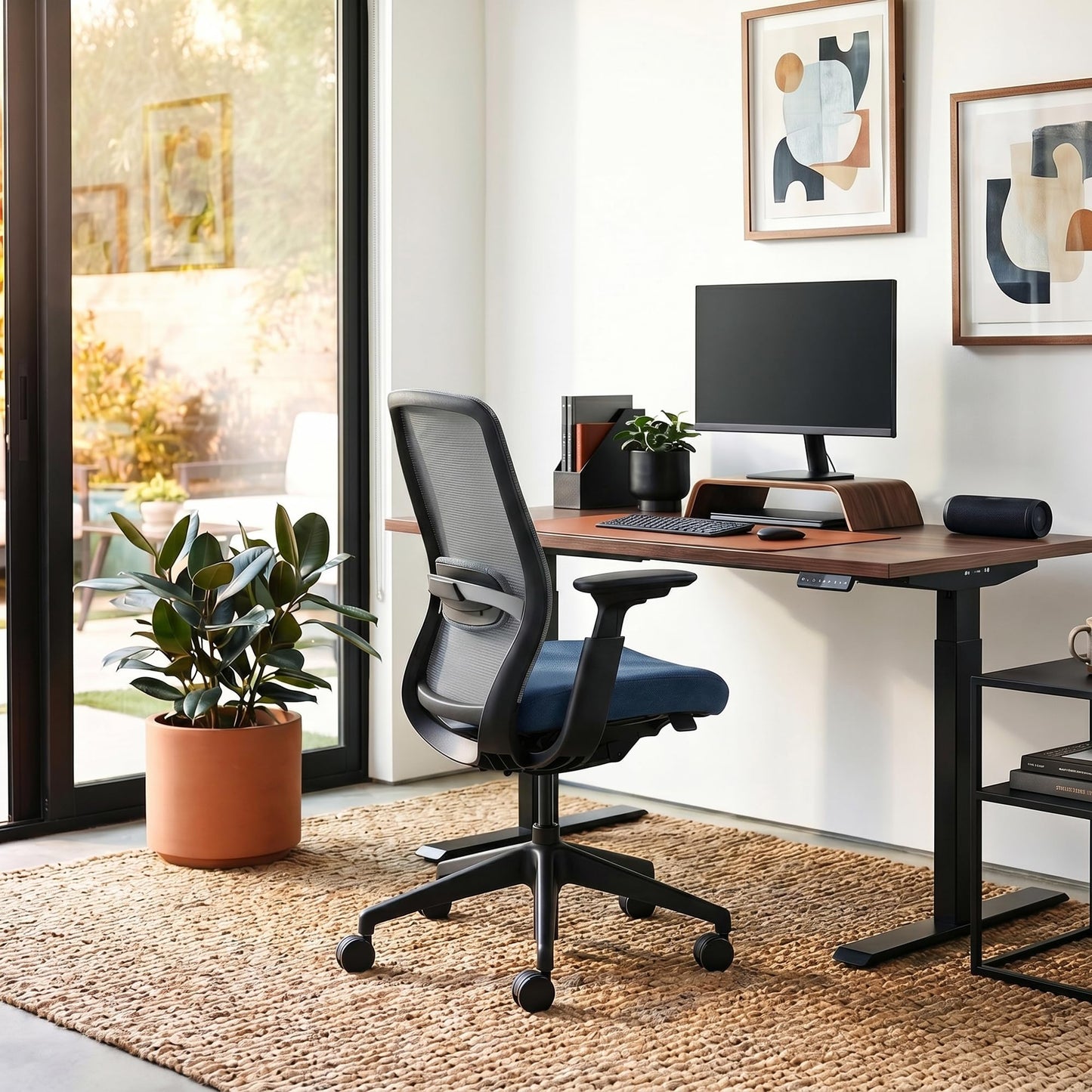 COLAMY Office Chair for Long Hours, Easy Wire-Control Desk Chair with Sliding Seat Depth & Thick Padded Lumbar Support, Heavy Duty 300 LBS High Back Mesh Computer Chair for Home Workstation,Blue