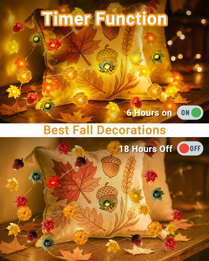 16.4FT 50 3D btfarm Fall Decor LED Pumpkin Maple Leaf Acorn Fairy String Lights Battery Operated with Remote Timer