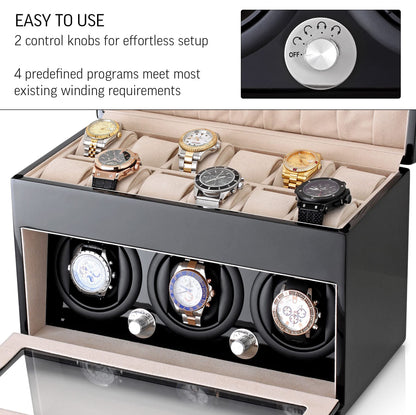 Watch Winder and Storage box for winding 3 Automatic Watches and 12 Watch Storage Space (Black + Beige)