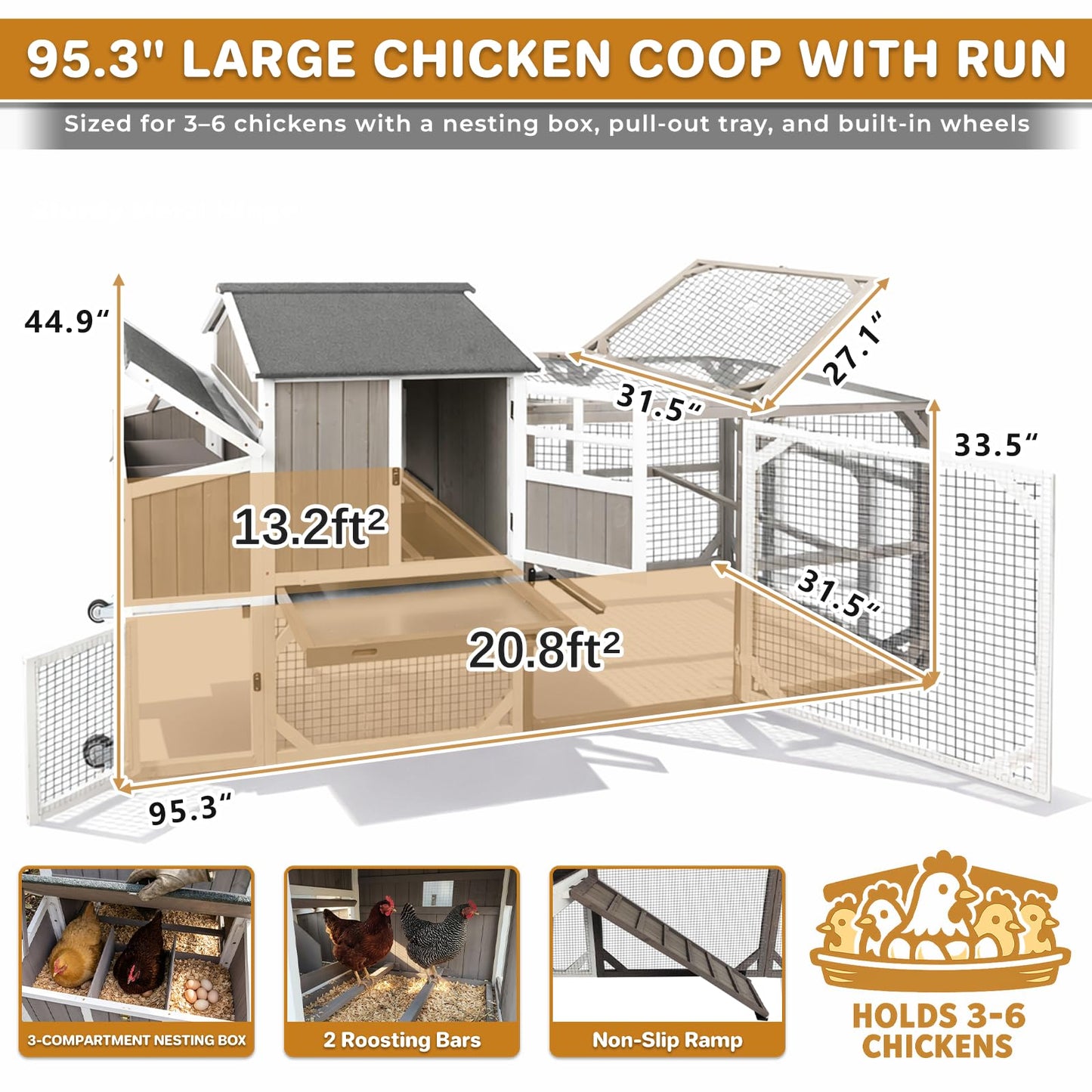 Large Outdoor Chicken Coop with Run & Wheels, 95.3" Wooden Hen House for 3–6 Chickens, 3-Compartment Nesting Box (2 Dividers), Pull-Out Tray, UV-Resistant Roof, Predator-Resistant Wire Mesh