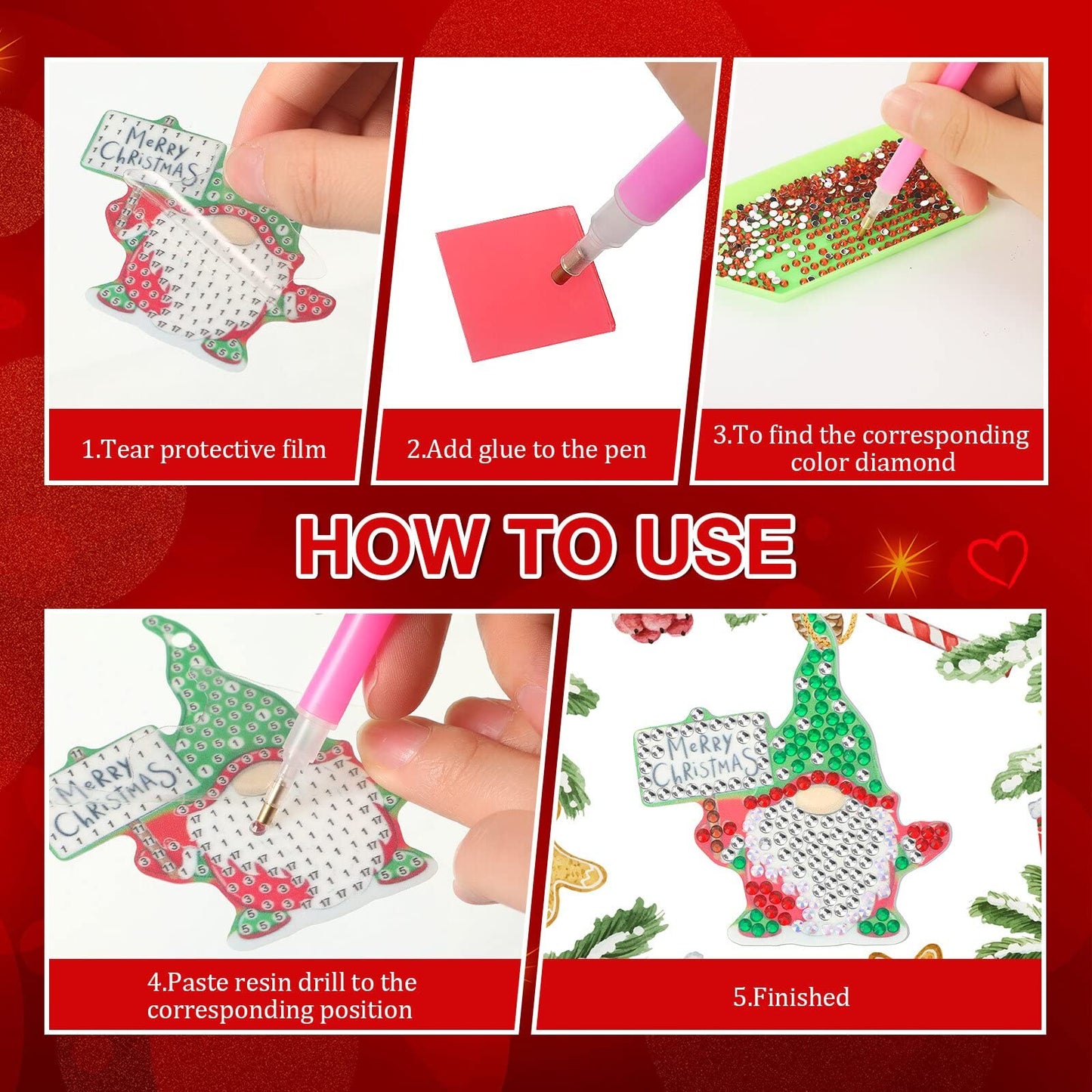 Jetec 20 Pcs Diamond Art Christmas Ornament 5D DIY Christmas Diamond Painting Keychain Kit Xmas Hanging Paint Kit Snowman Santa Art Rhinestone Pendant Key Ring for Adult Craft Decor Supply