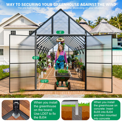 CDCASA 10x32 FT Greenhouse for Outdoors,Large Easy Assembly Thicker Aluminum Polycarbonate Greenhouses w/7 Windows, Double Doors, Walk-in Green House for Outside,Patio,Backyard,Garden
