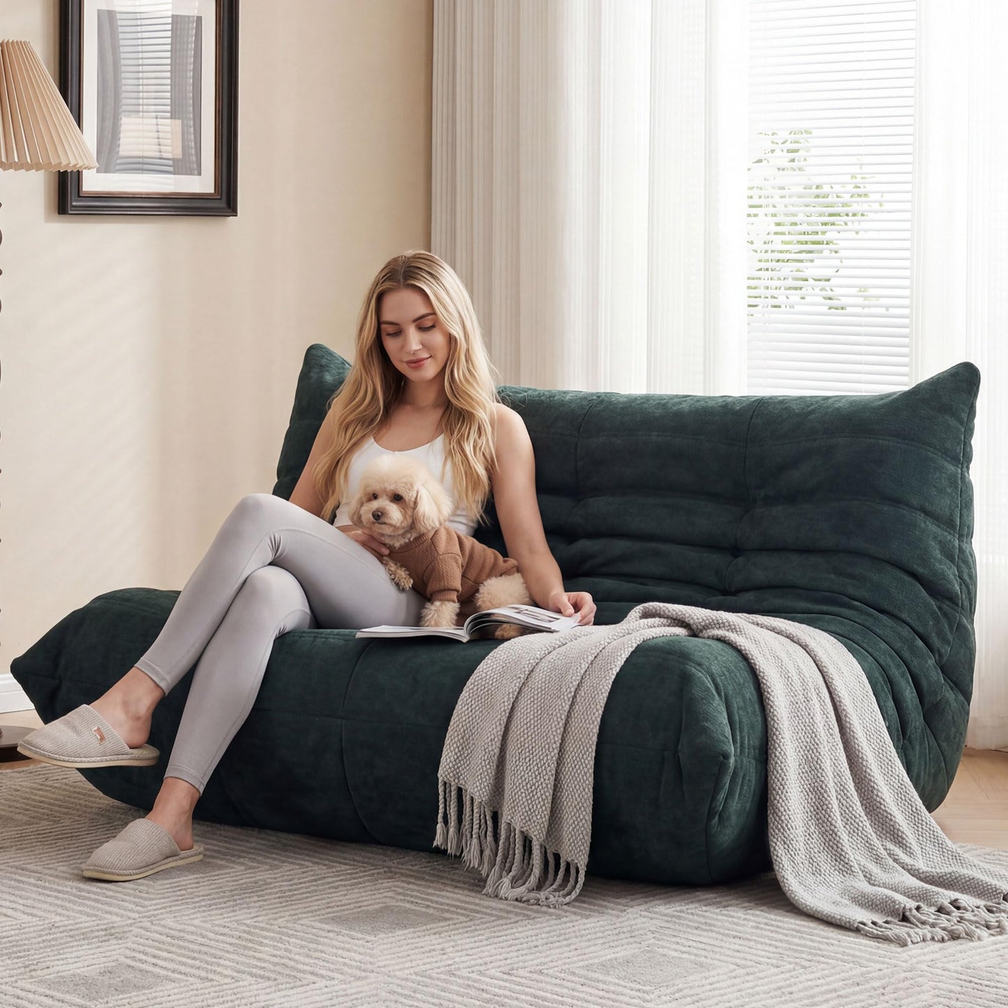 Bean Bag Loveseat for Adults, 51.18" Double Floor Lounge Sofa with Reinforced Armrests, 30D High-Density Foam Support, Premium 450G Velvet Soft Seating for Living Room & Bedroom, Dark Green