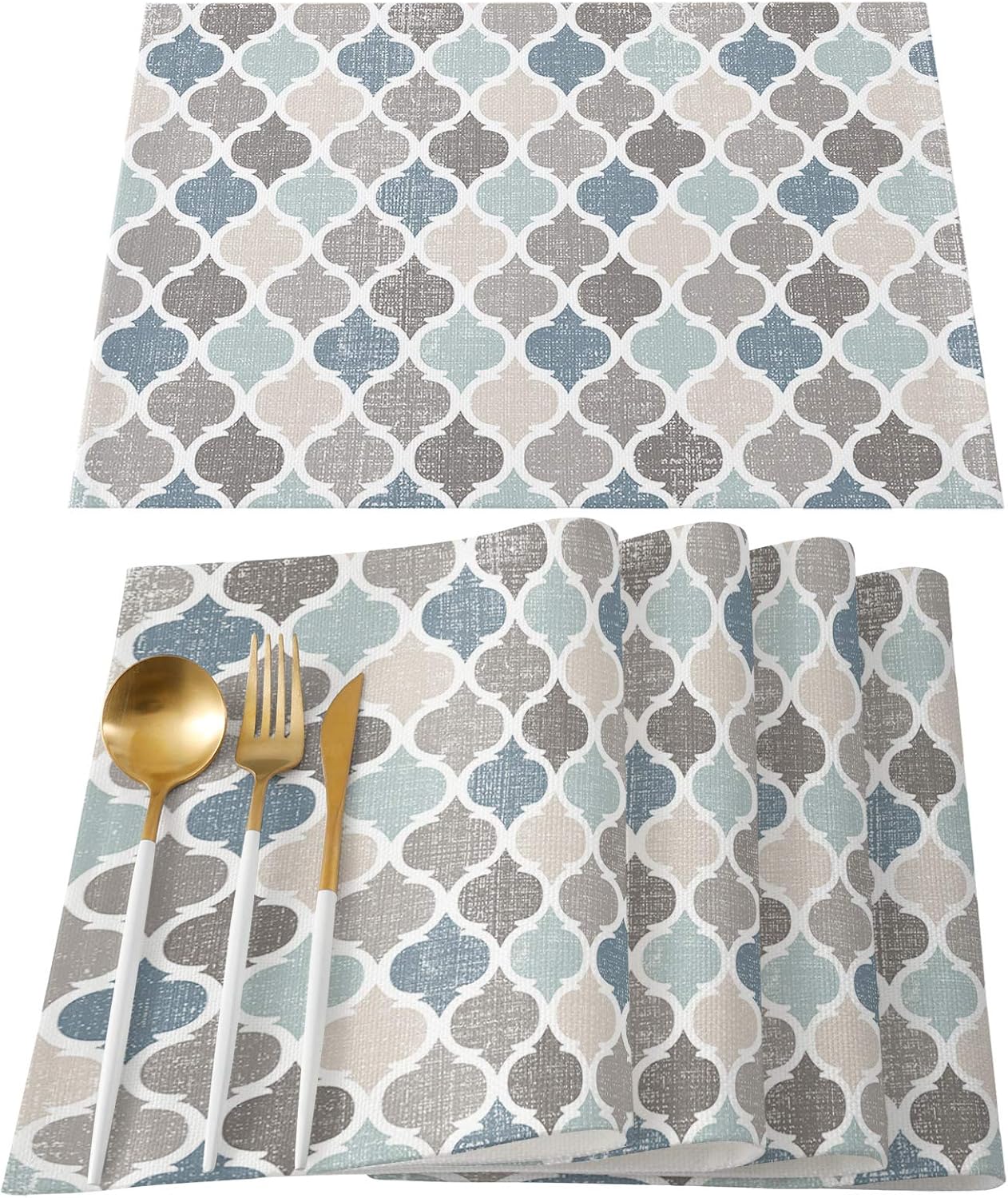 ALAGEO Retro Moroccan Plaid Placemats Set of 6 for Dining Table, Cotton Linen Geometric Quatrefoil Blue Beige Grey