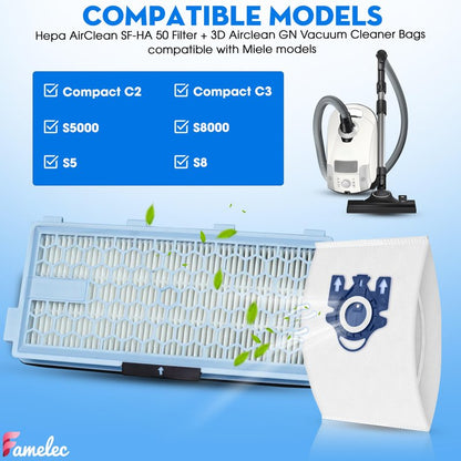 Combo For Miele Vacuum Cleaner Bags GN 8Pcs + 4Pcs Hepa AirClea 50 Filter, 3D Airclean For Miele GN Vacuum Cleaner Bags Model Complete C1, Complete C2, C3 S227 S240 S270 S400 S2 S5 S8 Series