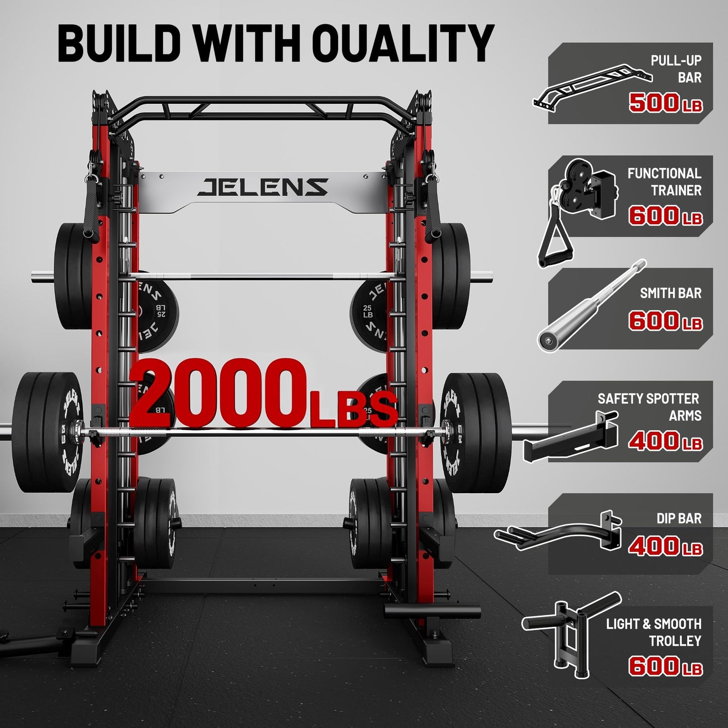 JELENS Smith Machine for Home Gym, Multi-Function M12 Power Cage, Squat Rack with Smith Bar and More Attachment (Red, M12 Smith Machine)