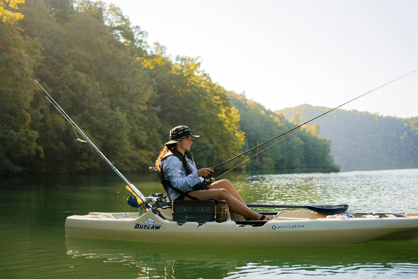 Perception Outlaw 11.5 | Sit on Top Fishing Kayak | Fold Away Lawn Chair Seat | 4 Rod Holders | Integrated Tackle Trays | 11' 6" | Dapper & Perception Paddle & Rod Leash for Kayaks