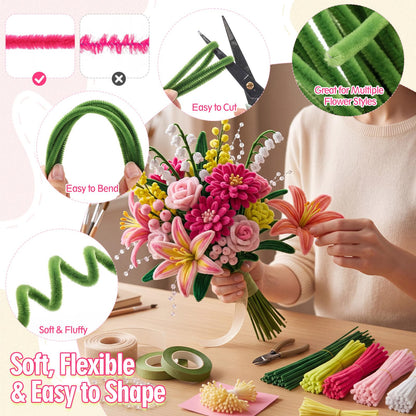 Rivvlive Pipe Cleaner Flower Kit, 1500 Pcs Pipe Cleaners Craft Chenille Stems Bulk with Floral Wires DIY Bouquets Gardening Tape Stamen Ribbon Beads for Art Craft Supplies Gift(Pink Set)
