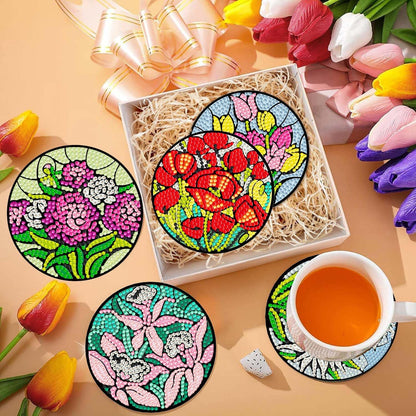 6 Pcs 5D DIY Beautiful Flowers Diamond Paintings Coasters with Holder for Adults Beginners, Round Full Drill Diamond Art Craft Supplies (Flowers QLBD-15)