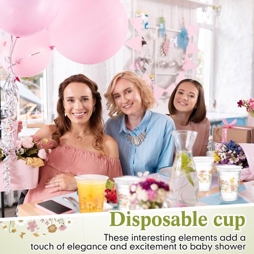 Hushee 60 Pcs Boho Floral Cups with Spring Summer Flower 16 oz Wildflowers Plastic Disposable Drinking Cups for Summer Spring Autumn Birthday Baby Shower Party Supplies