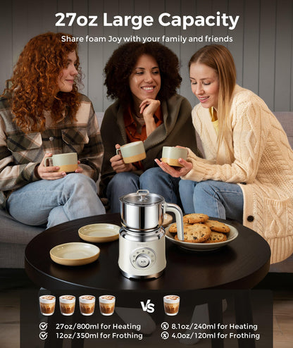 Milk Frother, 27oz All-in-1 Milk Steamer and Frother for Coffee, Variable Froth Thickness, Hot & Cold Foam Milk Warmer with Temperature Control