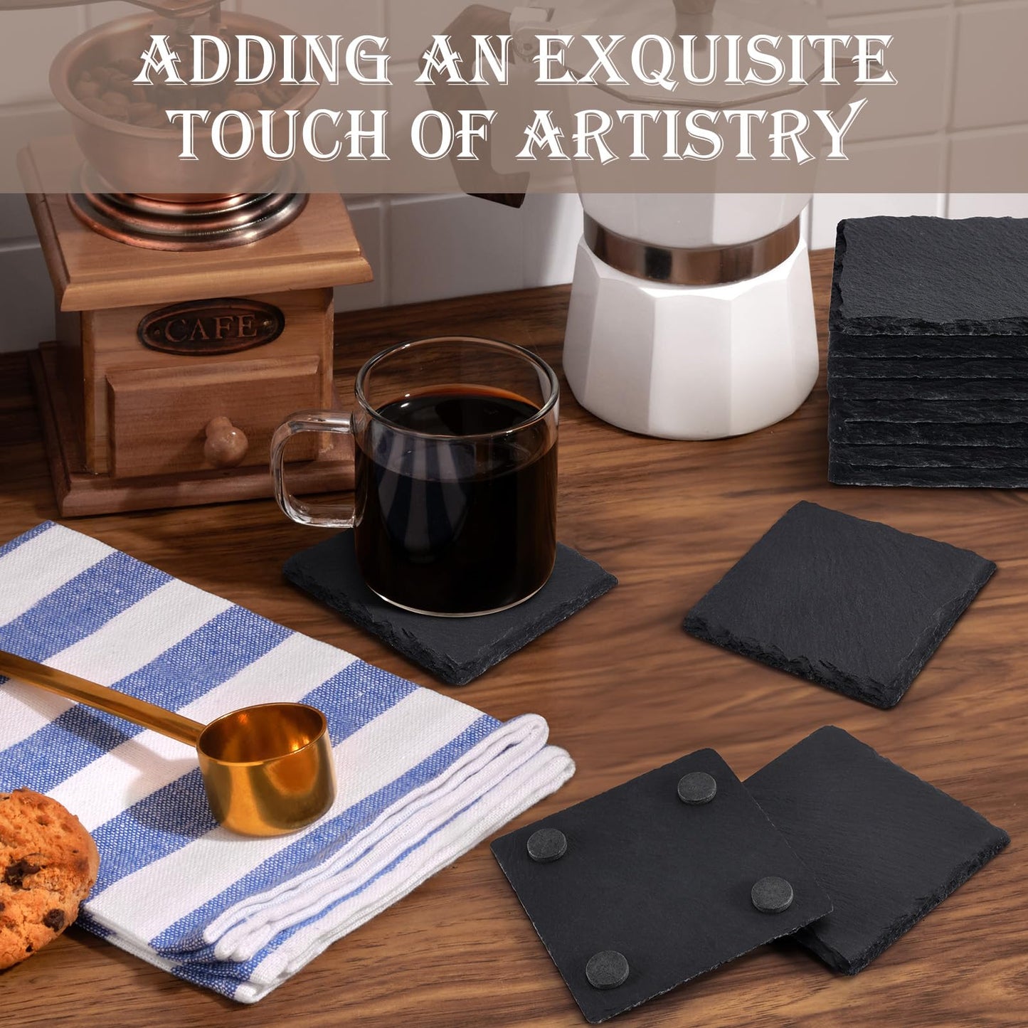 13 Pieces Slate Drink Coasters, GOH DODD 4 Inch Black Coasters Stone Coaster Set, Laser Engraving Blanks with Anti-Scratch Bottom for Home Office Bar Outdoor Housewarming Gifts Wedding Party, Round
