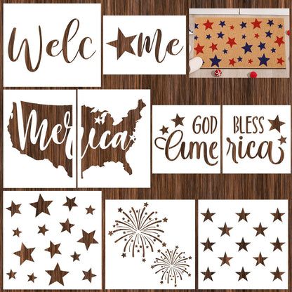Frienda 9 Pcs 4th of July Stencils for Door Mats Reusable Welcome Templates Large Stencils for Drawing DIY Painting on Wood Floor Doormat Crafts (Various Sizes)