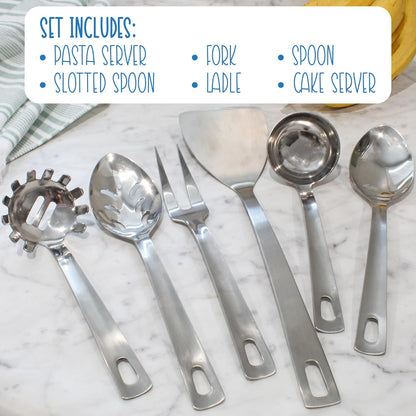 Darware Complete Serving Set, 6-Piece Silver, Includes Pasta Server, Fork, Slotted Spoon, Ladle, Cake/Casserole Server
