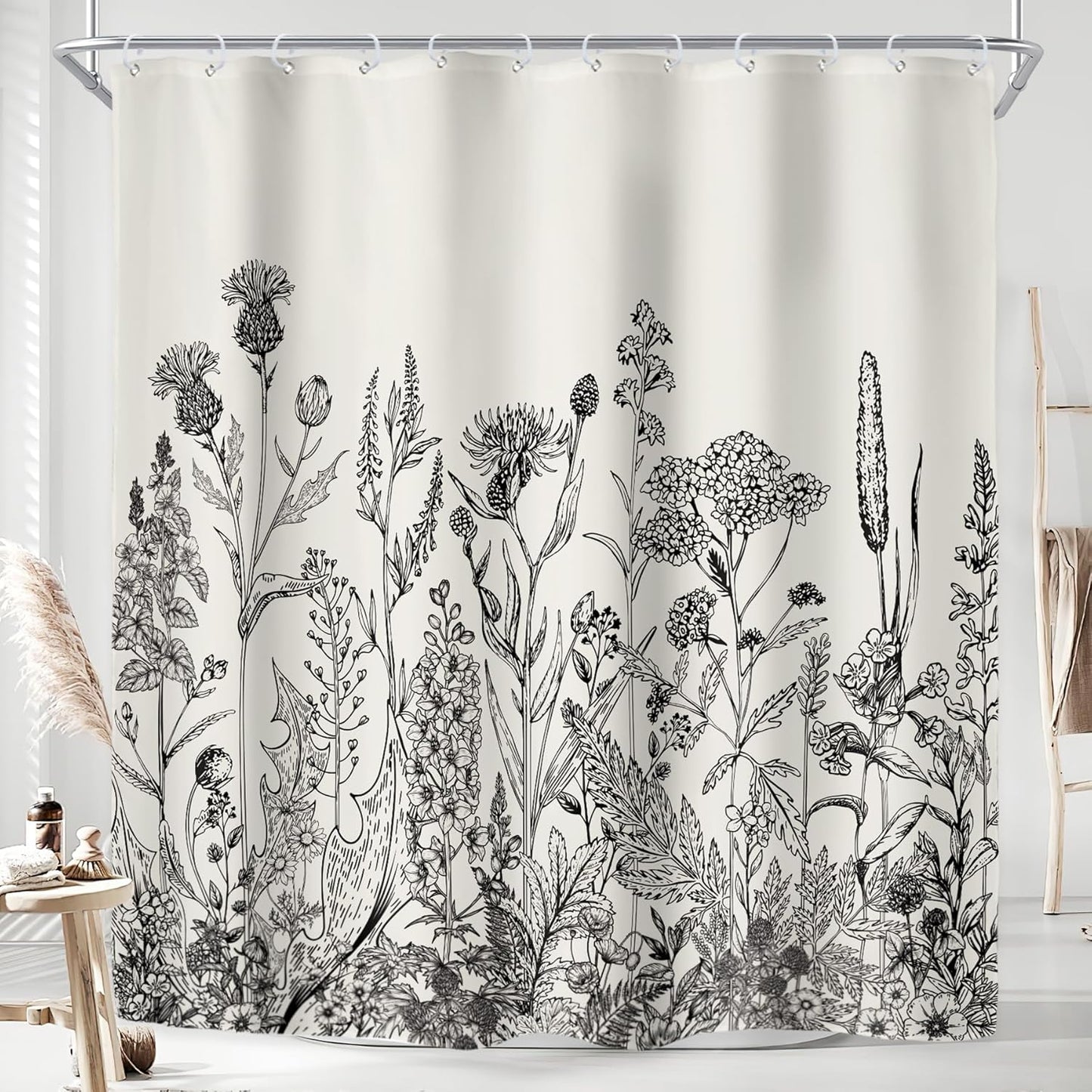 Riyidecor Wild Floral Shower Curtain 72Wx78H, Botanical Flower Plant Art Printed Fabric with Hooks