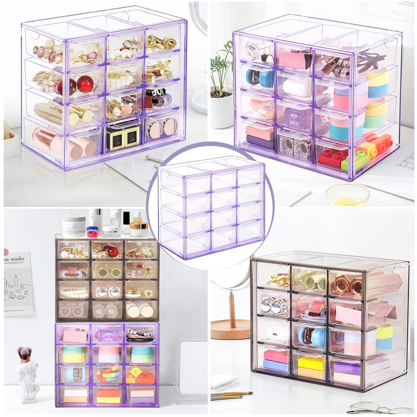 FODIENS Desk Storage Organizer with 12 Mini Drawers, Clear Desktop Craft Drawer Cabinet, Stackable Storage Box Caddy for Makeup Jewelry Office Craft Supplies (Purple)