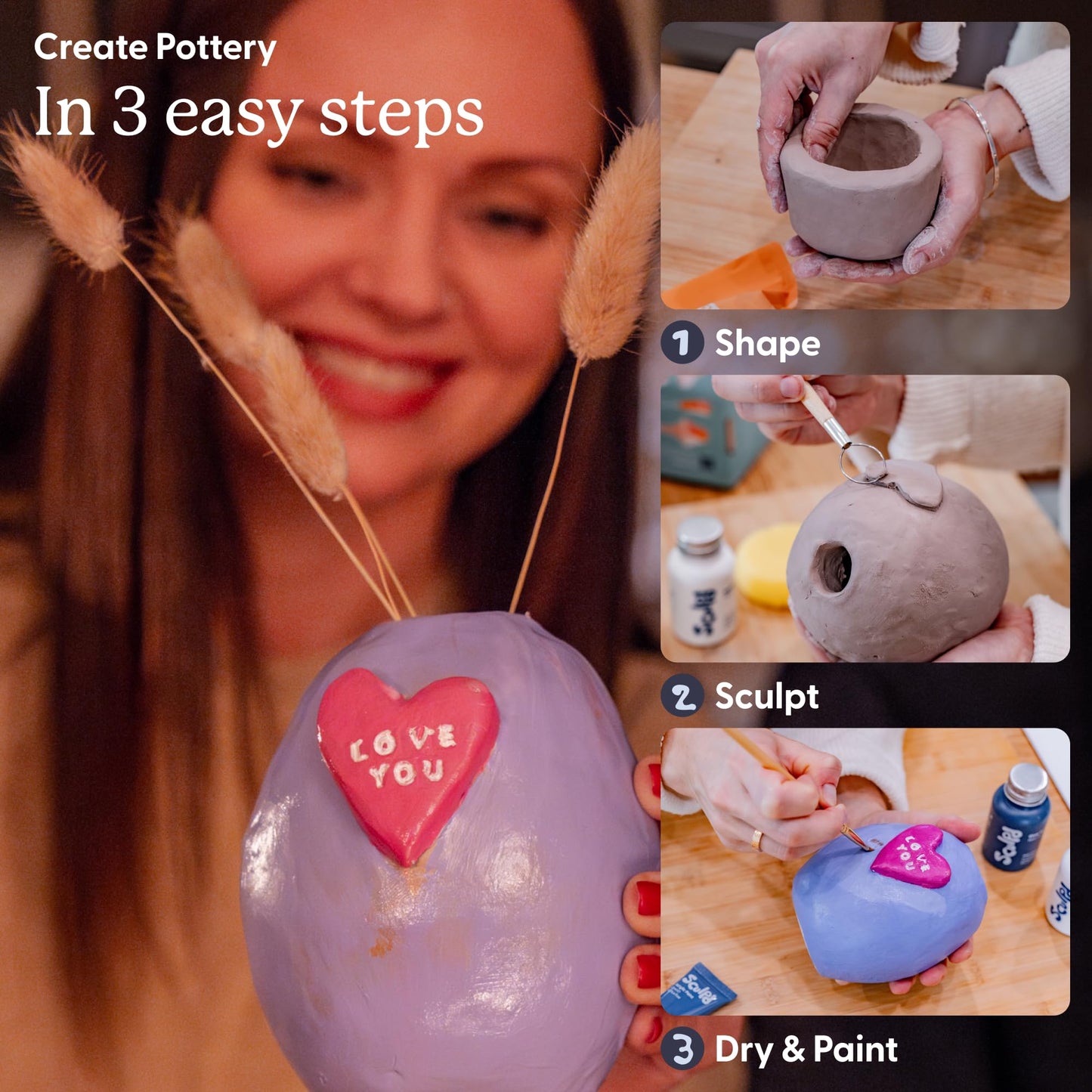 Sculpd - The Original Pottery Kit for Adults - Air Dry Clay for Adults, Tools, Varnish, Paints, Brushes, Couples Date Night Arts & Crafts Set, Gloss Varnish with Pastel Tones