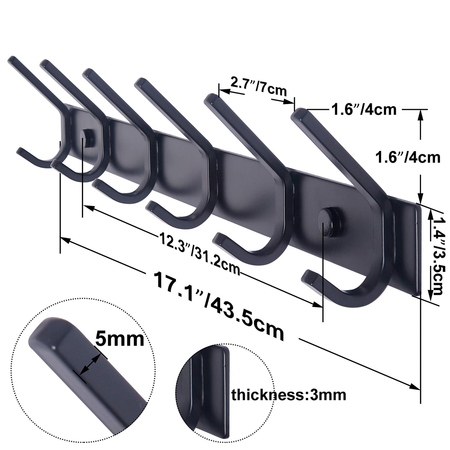 WEBI Coat Rack Wall Mounted,17-1/8 Inch Hooks for Hanging Coats,Heavy Duty Metal Hook Rail with 6 Double Dual Hooks Hanger Wall Mount for Purse Clothes Jacket Backpack Entryway,Black