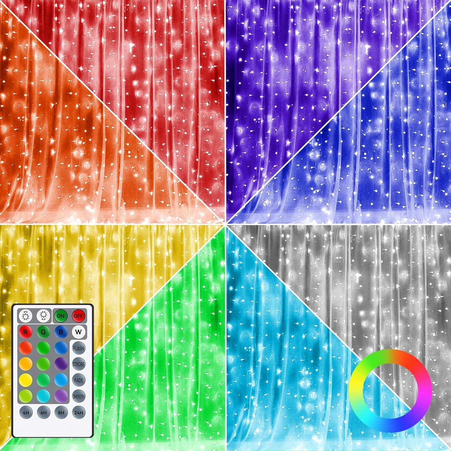 300 4 Dazzle Bright Window Curtain Fairy Lights, LED RGB Color Changing Copper Fairy Lights with Remote, Lighting Modes