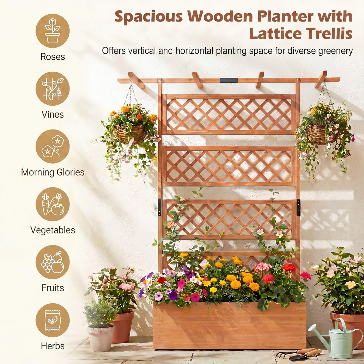 COSTWAY Wooden Raised Garden Planter with Trellis and Roof, 72" Freestanding Privacy Screen & Climbing Plant Support for Outdoor Patio, Balcony, Vegetable, Herb, and Flower Gardening (Brown,2)