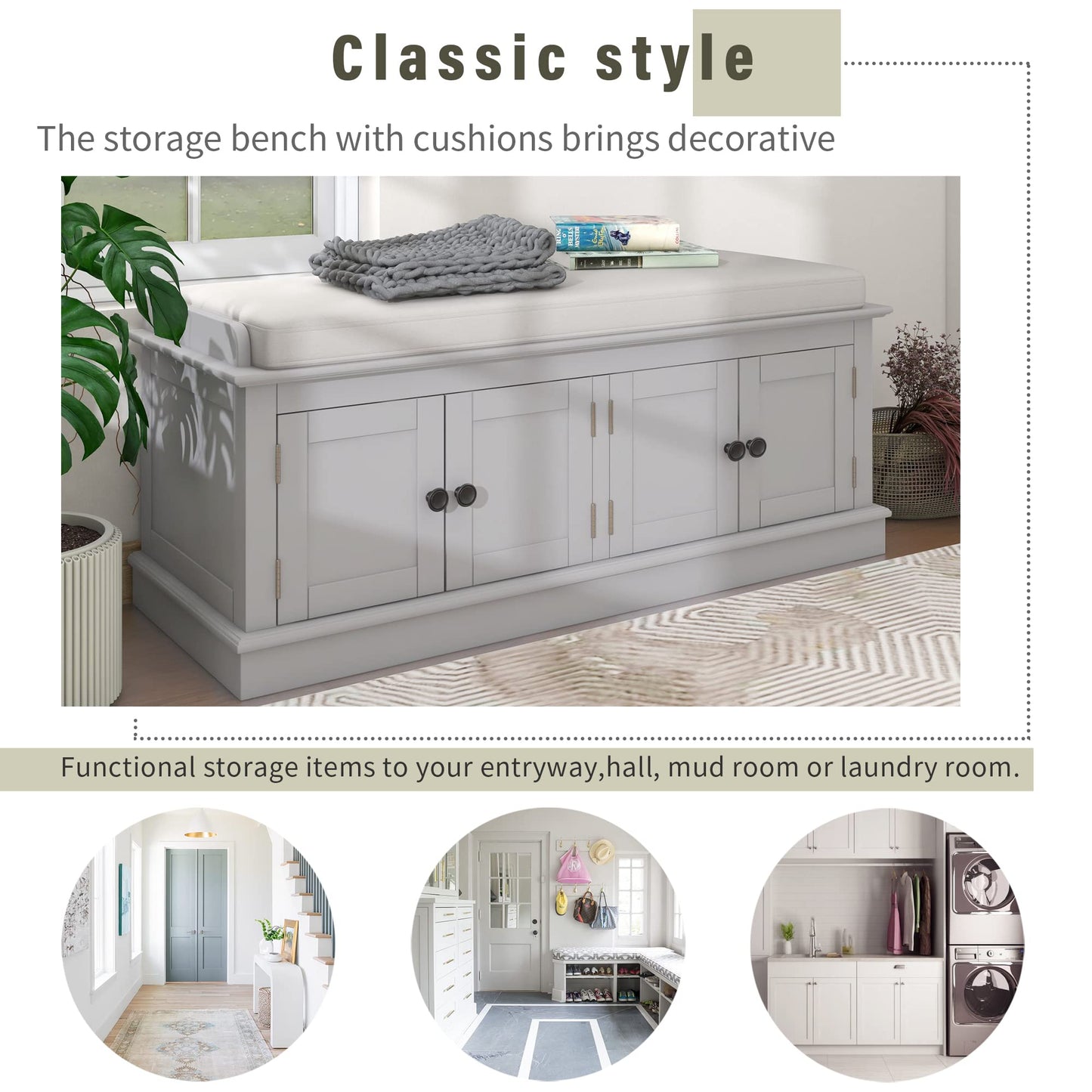 Merax Rustic Wood Entryway Bench with 4 Doors Shoe Cabinet for Hallway Front Door Gray Wash