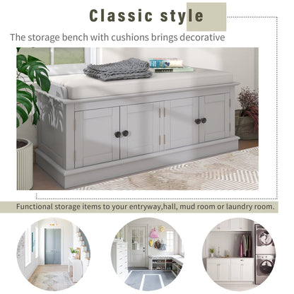 Merax Rustic Wood Entryway Bench with 4 Doors Shoe Cabinet for Hallway Front Door Gray Wash