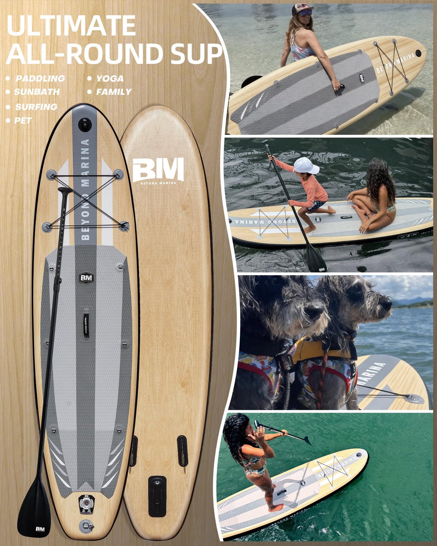 BM Paddle Board Inflatable Stand Up Paddle Board, SUP Paddleboard for Adult, Premium Accessories | Non-Slip EVA Deck & Foam Handles, Camera Mount, Double Action Pump, 85L Travel Backpack, Oak