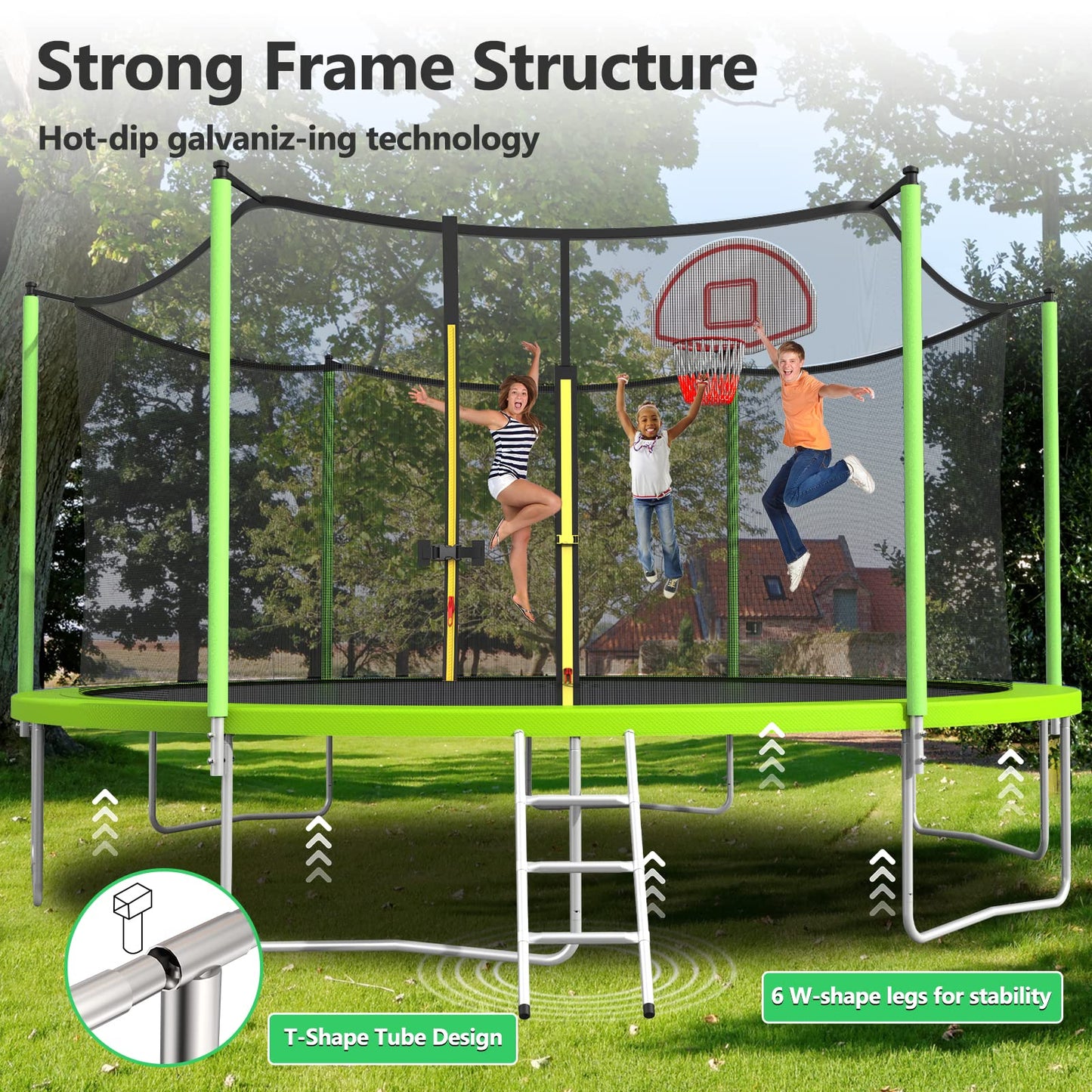 Lyromix 16FT Trampoline, Large Recreational Trampoline for Kids, Outdoor Trampoline with Basketball Hoop and Ladder, Backyard Jumping Trampoline, Capacity for 6-9 Kids and Adults, Grass Green