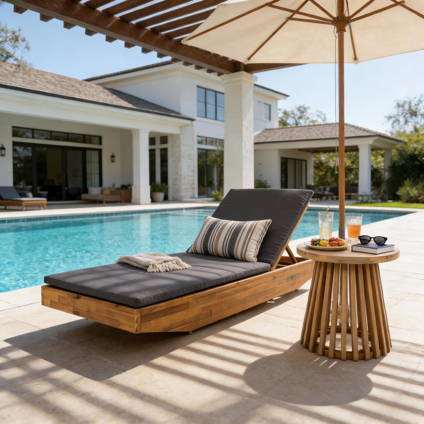 Acacia Wood Chaise Lounge with 2-Fold Thin Cushion - Teak Finish Outdoor Recliner with Cream Water-Repellent Cushion, 79.6" L x 29" W, 300 lbs