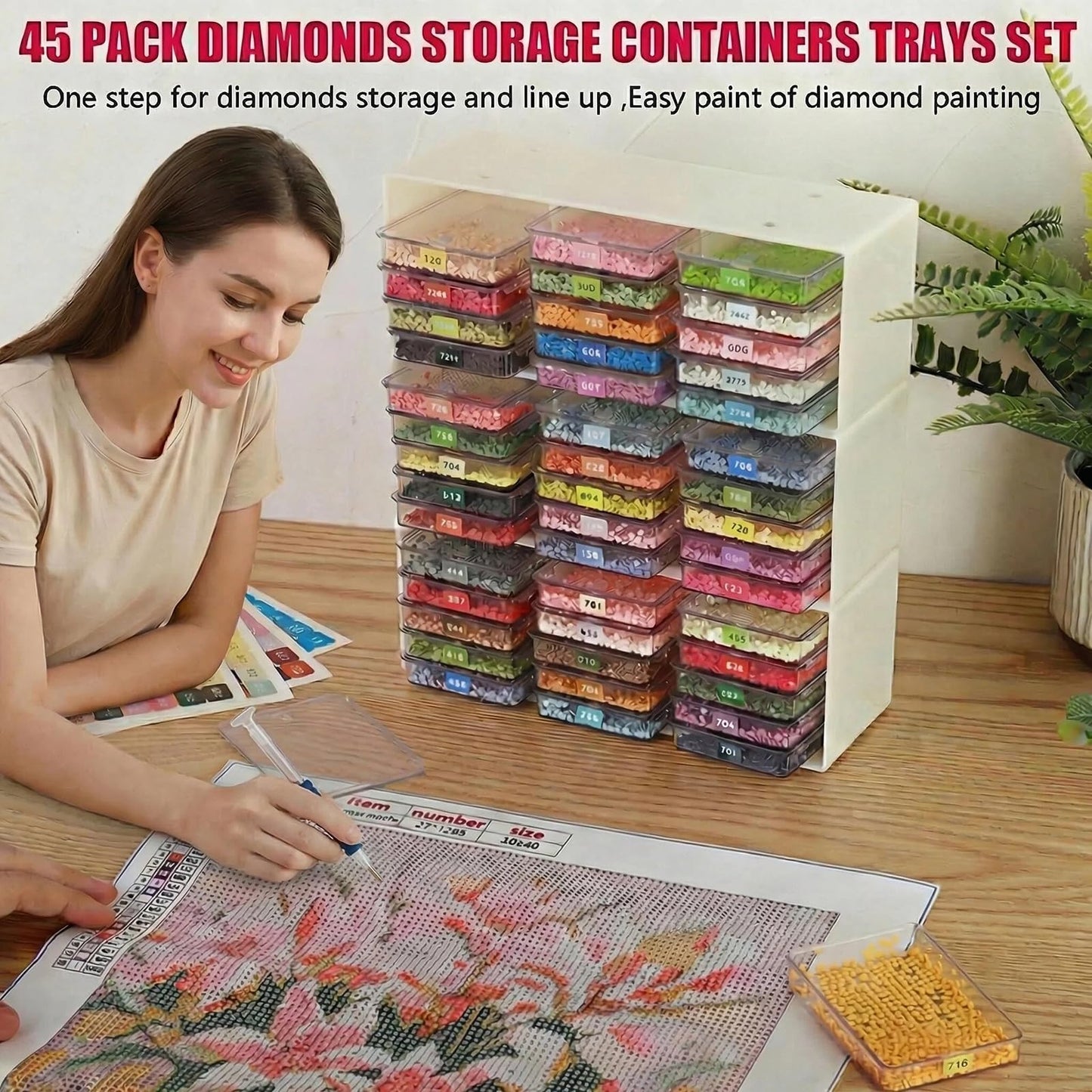 45 Pcs Diamond Storage Containers,Diamond Painting Sliding Trays ,Stackable Diamond Art Trays , 2-in-1 Art Carft Storage Box Set Line-Up for Diamond Accessories ,Bead and Jewelry (Transparent/45Pcs)